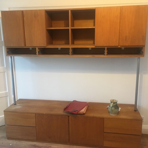 232 - A TEAK MODULAR WALL MOUNTED UNIT -IN 3 PARTS -FLOOR STANDING CUPBOARD AND DRAWER UNTI, CENTRE DRAWER... 