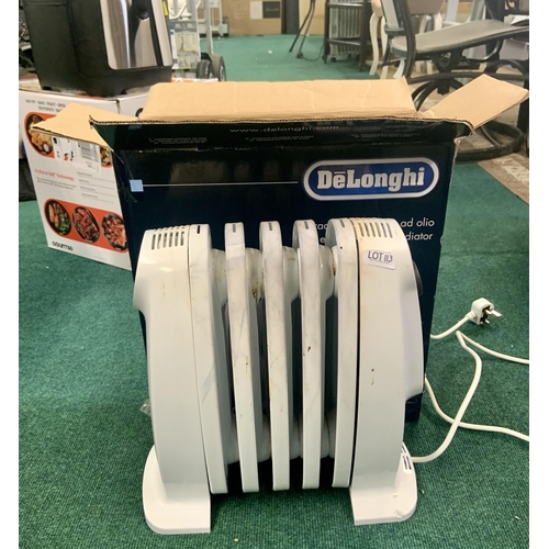 113 - BOXED SMALL DELONGHI OIL FILLED RADIATOR (STAINING TO TOP)