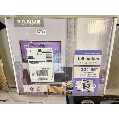 118 - BOXED SANUS FULL MOTION TV WALL MOUNT FITS TVS 22