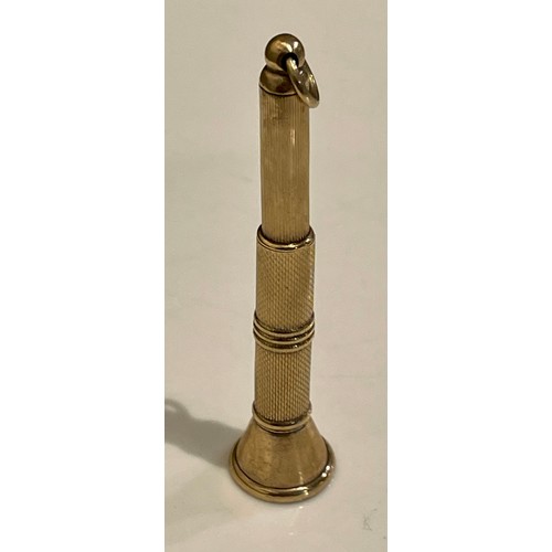 368 - A 9CT YELLOW GOLD CIGAR PIERCER TOGETHER WITH A YELLOW METAL PENCIL HOLDER I. PIERCER 8.5GRAMS, II. ... 