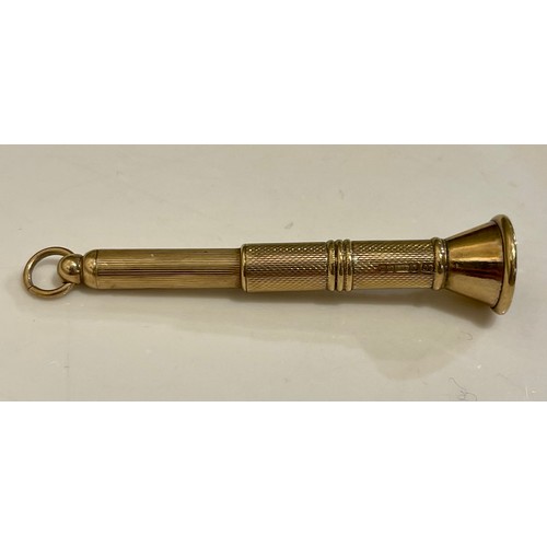 368 - A 9CT YELLOW GOLD CIGAR PIERCER TOGETHER WITH A YELLOW METAL PENCIL HOLDER I. PIERCER 8.5GRAMS, II. ... 