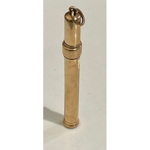 368 - A 9CT YELLOW GOLD CIGAR PIERCER TOGETHER WITH A YELLOW METAL PENCIL HOLDER I. PIERCER 8.5GRAMS, II. ... 