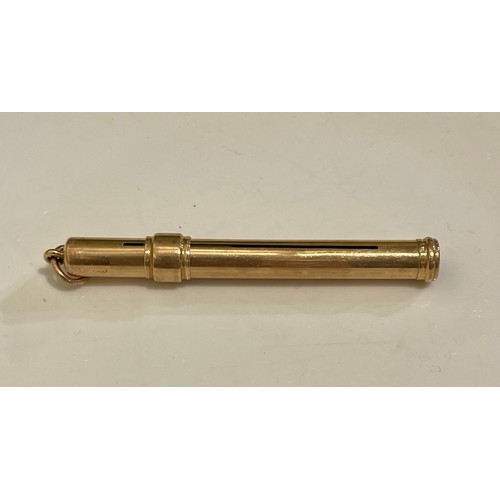 368 - A 9CT YELLOW GOLD CIGAR PIERCER TOGETHER WITH A YELLOW METAL PENCIL HOLDER I. PIERCER 8.5GRAMS, II. ... 