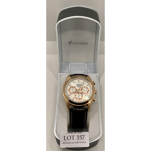 357 - LORUS VD53X080 GILT CHRONOGRAPH ON LEATHER STRAP WITH BOX