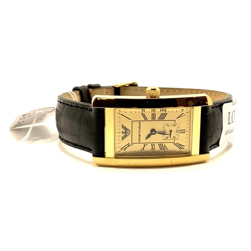 358 - EMPORIO ARMANI GOLD PLATED LOZENGE AR0123 WRIST WATCH ON BLACK LEATHER STRAP