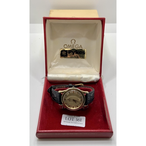 361 - VINTAGE OMEGA 'PIE PAN' CONSTELLATION AUTOMATIC CHRONOMETER, 14KT GOLD & S/STEEL CASE, ON BLACK LEAT... 