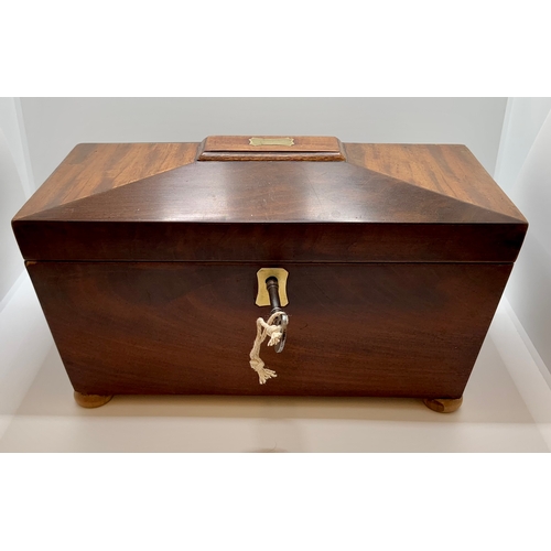 374 - A VICTORIAN MAHOGANY 'SARCOPHAGUS' TEA CADDY WITH KEY -BRASS HINGES, ESCUTCHEON AND LOCK - LATER REP... 