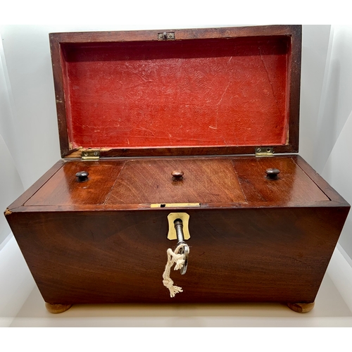 374 - A VICTORIAN MAHOGANY 'SARCOPHAGUS' TEA CADDY WITH KEY -BRASS HINGES, ESCUTCHEON AND LOCK - LATER REP... 