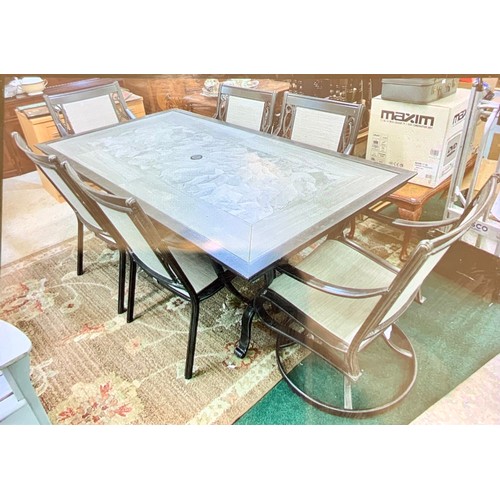 199 - AGIO TURNER 7 PIECE SLING DINING PATIO SET - TABLE AND 6 CHAIRS - TABLE 202CM X 106CM (NOTE ONE CHAI... 