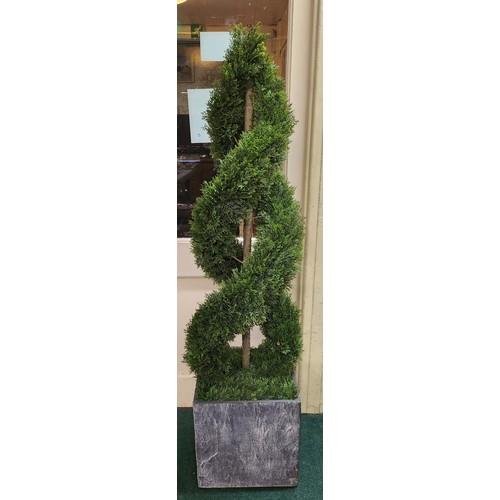 200A - CEDAR TWIST FAUX TOPIARY TREE IN SLATE EFFECT PLANTER (SOME CHIPPING TO POT), APPROX 165CM