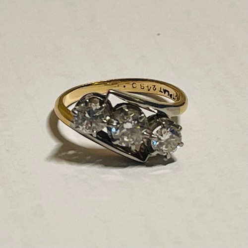 378 - A QUALITY 18CT YELLOW GOLD AND PLATINUM SET DIAMOND TRIO CROSSOVER RING -THE THREE STONES OF EXCEPTI... 