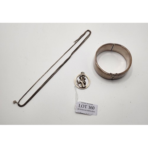 360 - SILVER CUFF BRACELET, SILVER ST CHRISTOPHER PENDANT AND CHAIN, 45G