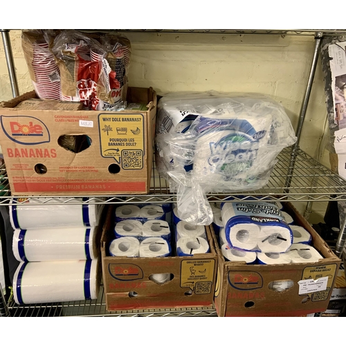 37 - LARGE QTY OF VARIOUS HOUSEHOLD ITEMS - 3 BOXES INC. TOILET TISSUE, KITCHEN TOWELS, DISPOSABLE CUTLER... 