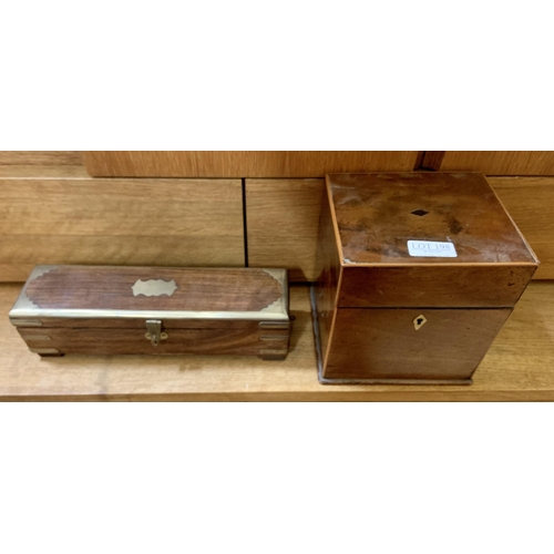 198 - 2 X VINTAGE WOODEN BOXES - ONE TOBACCO BOX AND ONE BRASS BOUND PENCIL BOX WITH HIDDEN TRAY