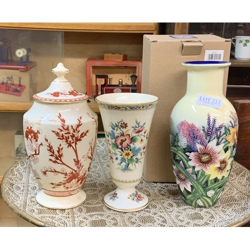 211 - BOXED OLD TUPTON WARE VASE WITH FLORAL RELIEF DECORATION TOGETHER WITH A COALPORT COVERED INDIAN TRE... 