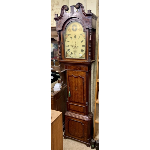 220 - MAHOGANY JOHN KIPLING OF STAFFORD LONG CASE CLOCK WITH WEIGHTS AND FEATHER