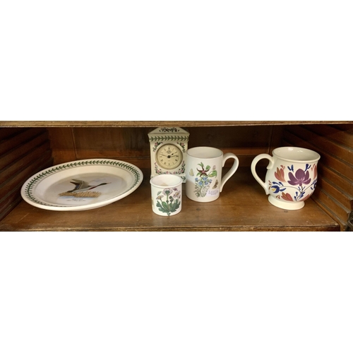 236 - SHELF OF PORTMEIRION WARE - 5 ITEMS - MANTLE CLOCK, PICTURE PLATE, MUG ETC.