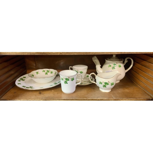 237 - SHELF OF COLCLOUGH WARE - 8 PIECES INC. TEAPOT, MILK JUG, CUPS, PLATES ETC.