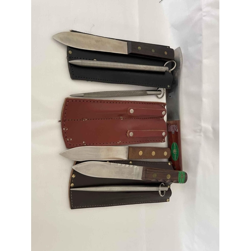 345 - THREE (3) WRIGHT & SONS OF SHEFFIELD KNIVES & STEELS IN LEATHER CASES -TWO (2) MARKED 'GREEN RIVER' ... 