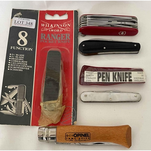 348 - FIVE (5) MISCELLANEOUS POCKET KNIVES -INCL WILKINSON SWORD RANGER (STILL IN PACKING), OPINEL LAME AC... 