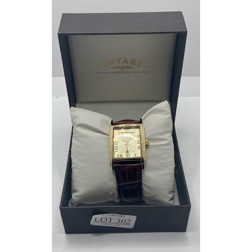 302 - BOXED ROTARY GENTS LOZENGE SHAPED FACE WATCH ON BROWN LEATHER STRAP