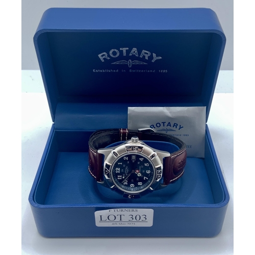 303 - BOXED ROTARY GENTS WATCH GS3003-BATTUC-397 ON BROWN LEATHER STRAP - MARKED SWISS COMMANDO