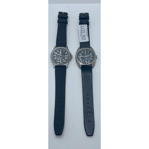 305 - 2 X MWC MILITARY STYLE QUARTZ WATCHES ON LEATHER STRAPS