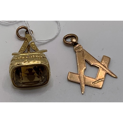 320 - 9CT GOLD MASONIC CHARM 2.4G AND ONE OTHER SET WITH CITRINE STONE (POSSIBLY UNTESTED GOLD)