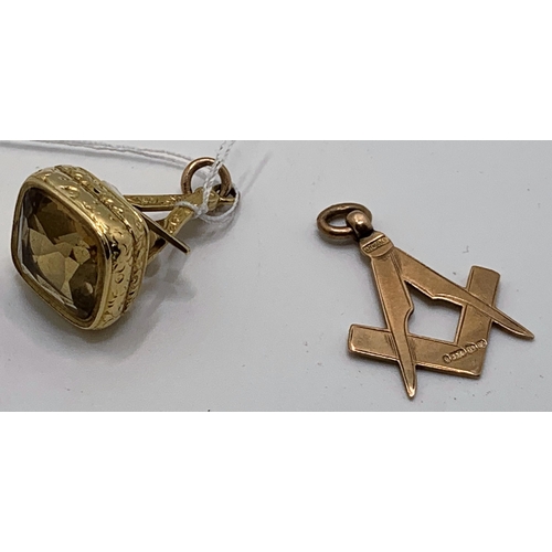 320 - 9CT GOLD MASONIC CHARM 2.4G AND ONE OTHER SET WITH CITRINE STONE (POSSIBLY UNTESTED GOLD)