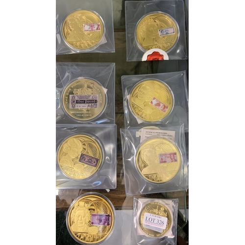 326 - A COLLECTION OF EIGHT (8) LARGE GOLD PLATED COINS INCL. 10 POUNDS 1995 GIBRALTAR, 100 DOLLARS 1974 C... 