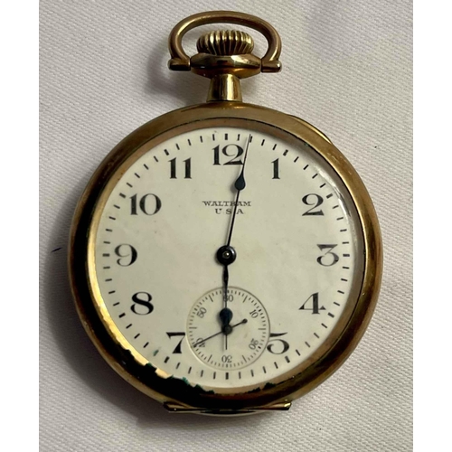 389 - GOLDPLATED OPENFACE POCKET WATCH -MARKED 'WALTHAM USA' WHITE ENAMEL DIAL WITH BLACK ARABIC NUMERALS,... 