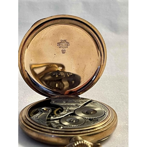 389 - GOLDPLATED OPENFACE POCKET WATCH -MARKED 'WALTHAM USA' WHITE ENAMEL DIAL WITH BLACK ARABIC NUMERALS,... 