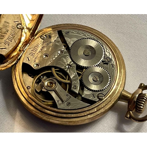 389 - GOLDPLATED OPENFACE POCKET WATCH -MARKED 'WALTHAM USA' WHITE ENAMEL DIAL WITH BLACK ARABIC NUMERALS,... 