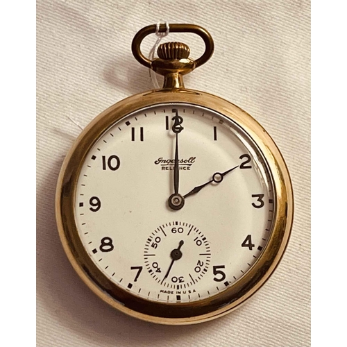 390 - INGERSOLL 'RELIANCE' OPENFACE GOLDPLATE KEYLESS POCKET WATCH WHITE ENAMEL DIAL WITH BLACK ARABIC NUM... 