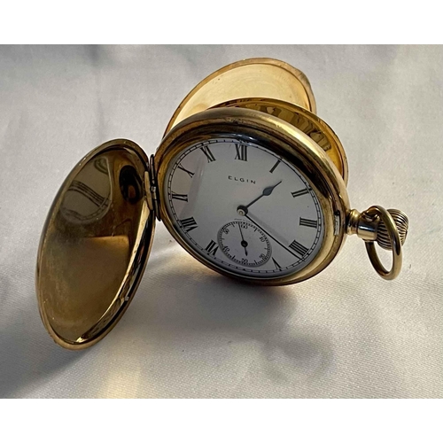 391 - A GOLDPLATED ELGIN FULL HUNTER KEYLESS POCKET WATCH -WHITE ENAMEL DIAL WITH BLACK ROMAN NUMERALS, SE... 