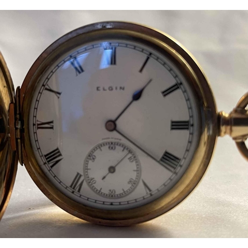 391 - A GOLDPLATED ELGIN FULL HUNTER KEYLESS POCKET WATCH -WHITE ENAMEL DIAL WITH BLACK ROMAN NUMERALS, SE... 