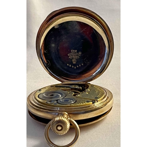 391 - A GOLDPLATED ELGIN FULL HUNTER KEYLESS POCKET WATCH -WHITE ENAMEL DIAL WITH BLACK ROMAN NUMERALS, SE... 