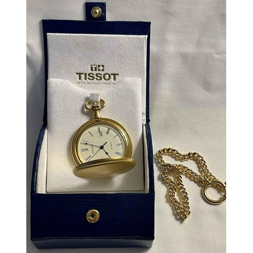 392 - MODERN TISSOT MATT YELLOW METAL FINISH HUNTER FOB QUARTZ WATCH AND ALBERT - SECOND HAND WITH DATE AT... 