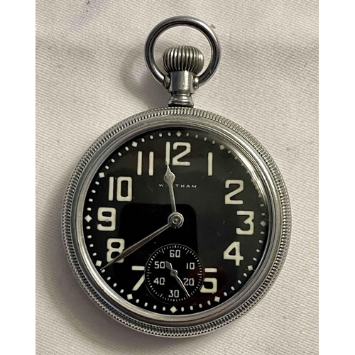 394 - WALTHAM MILITARY KEYLESS FOB WATCH - WITH SCREW BACK AND FRONT - ARROW TO BACK - BLACK DIAL WITH LUM... 