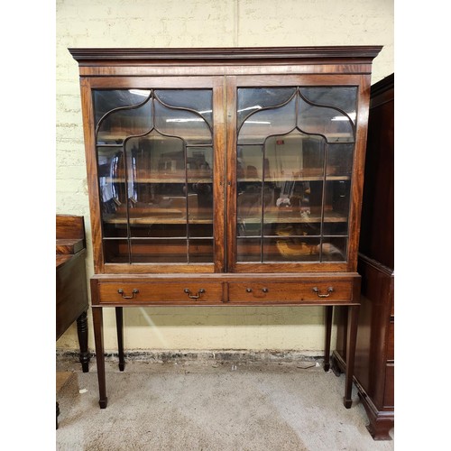 221 - MAHOGANY EDWARDIAN DISPLAY CABINET ON RAISED LEGS WITH ASTRAGAL GLASS (CRACK TO ONE SMALL WINDOW) - ... 