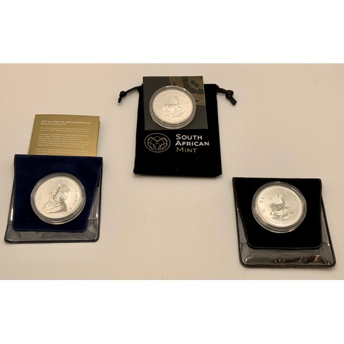 335 - THREE (3) 2017 1OZ FINE SILVER KRUGERRAND PREMIUM UNCIRCULATED  TWO (2) WITH COA