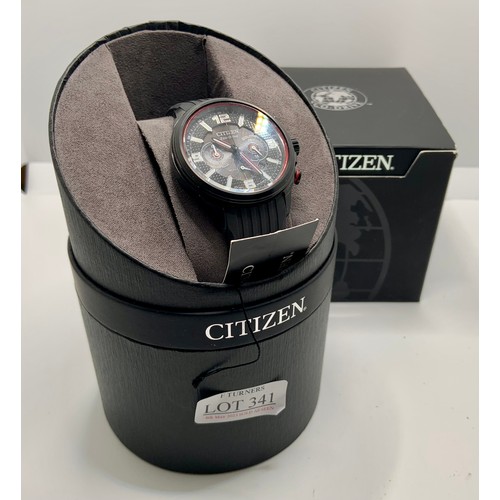 341 - CITIZEN ECO-DRIVE CHRONOGRAPH WRISTWATCH, BLACK DIAL, RUBBER STRAP WITH INNER & OUTER BOXES -