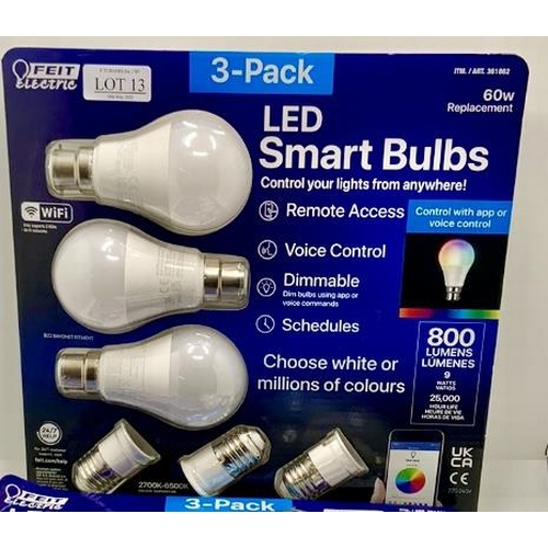 13 - BOXED SET OF 3 FEIT ELECTRIC SMART LED BULBS - WORK WITH ALEXA, GOOGLES, SMART APP