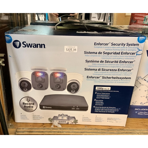 16 - BOXED SWANN ENFORCER SECURITY SYSTEM - EXPANDABLE 4 CAMERA VIDEO/AUDIO WITH CONTROLLABLE RED/BLUE FL... 