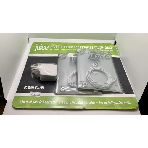 22 - BOXED JUICE MOBILE PHONE ACCESSORY MULTI PACK - 65W DUAL PORT FAST CHARGER AND A 2M USB-C LIGHTNING ... 