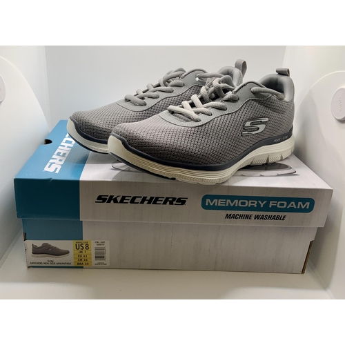 33 - BOXED PAIR OF SKECHERS FLEX ADVANTAGE TRAINERS - GREY - UK 7