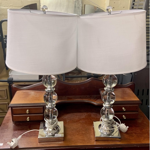 171 - SET OF 2 CHROME AND CRYSTAL 3 BALL TABLE LAMPS WITH SHADES (NOTE SHADES ARE DMGD)