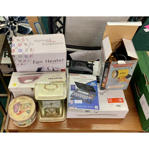 190 - VARIOUS BOXED ELECTRICAL ITEMS INC. FAN HEATER, STEAM IRON, HOTPLATE, ELECTRONIC DICTIONARY ETC.