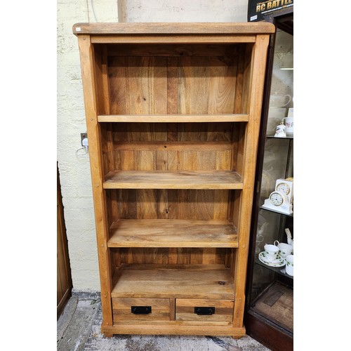 201 - OAK FURNITURE LAND FOUR SHELF OPEN BOOKCASE WITH 2 DRAWERS TO BASE (TO MATCH ABOVE) - 90CM WIDE X 17... 