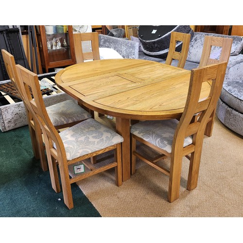 208 - OAK FURNITURE LAND - LIGHT OAK HEAVY CIRCULAR EXTENDING DINING TABLE - WITH 6 MATCHING DINING CHAIRS... 